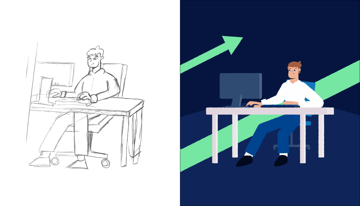 Sketch and final versions of an illustrated character at desk