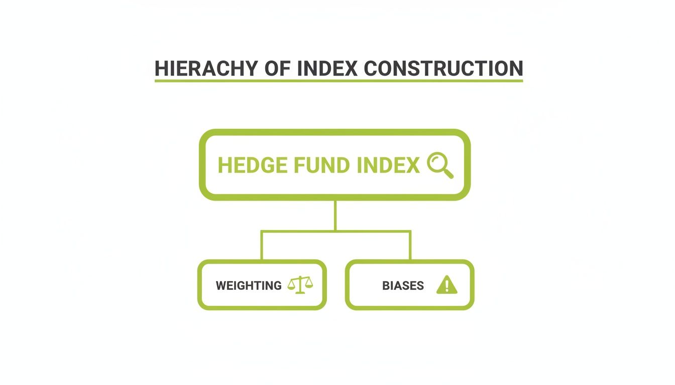 Diagram illustrating the hierarchy of hedge fund index construction, highlighting weighting and biases.