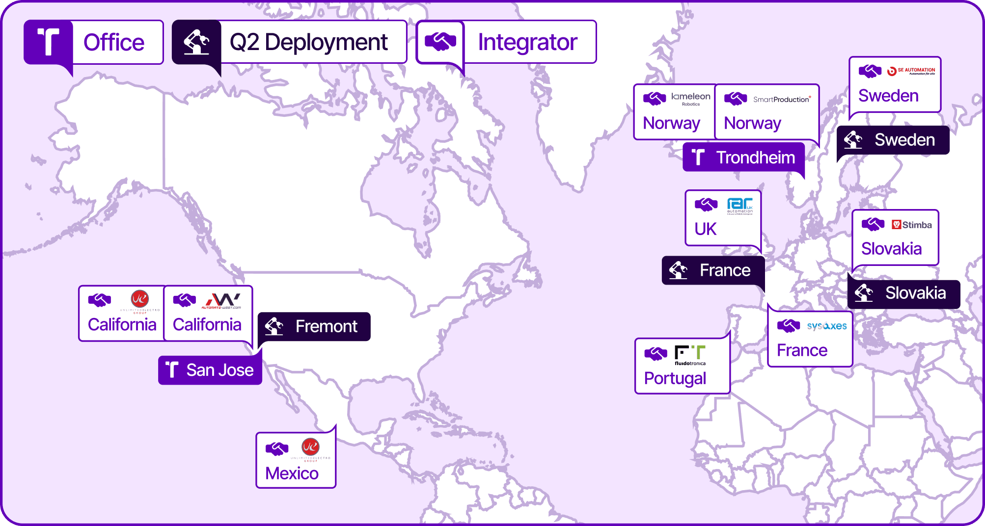 Map showing Trener's global presence, including offices in San Jose and Trondheim, Q2 deployment locations, and integrator locations across North America and Europe.