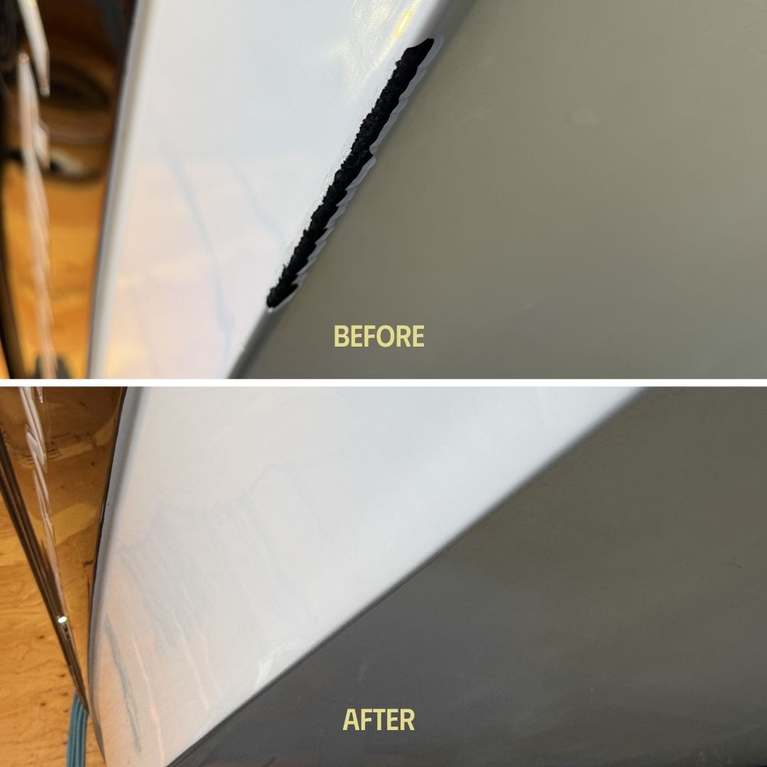 A before and after of the side of a boats hull that was repaired with marine gel coat