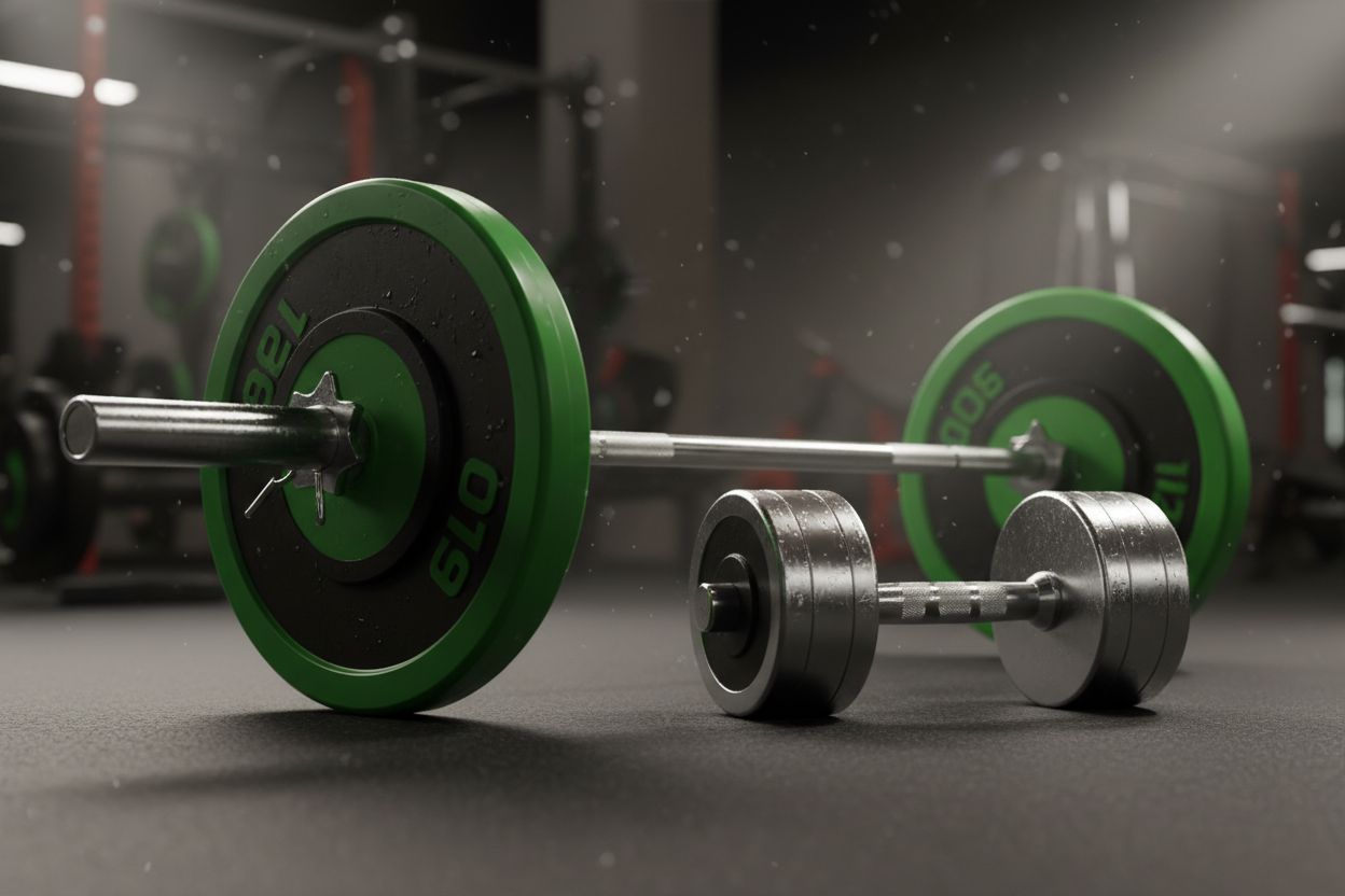 Barbell and dumbbells in gym