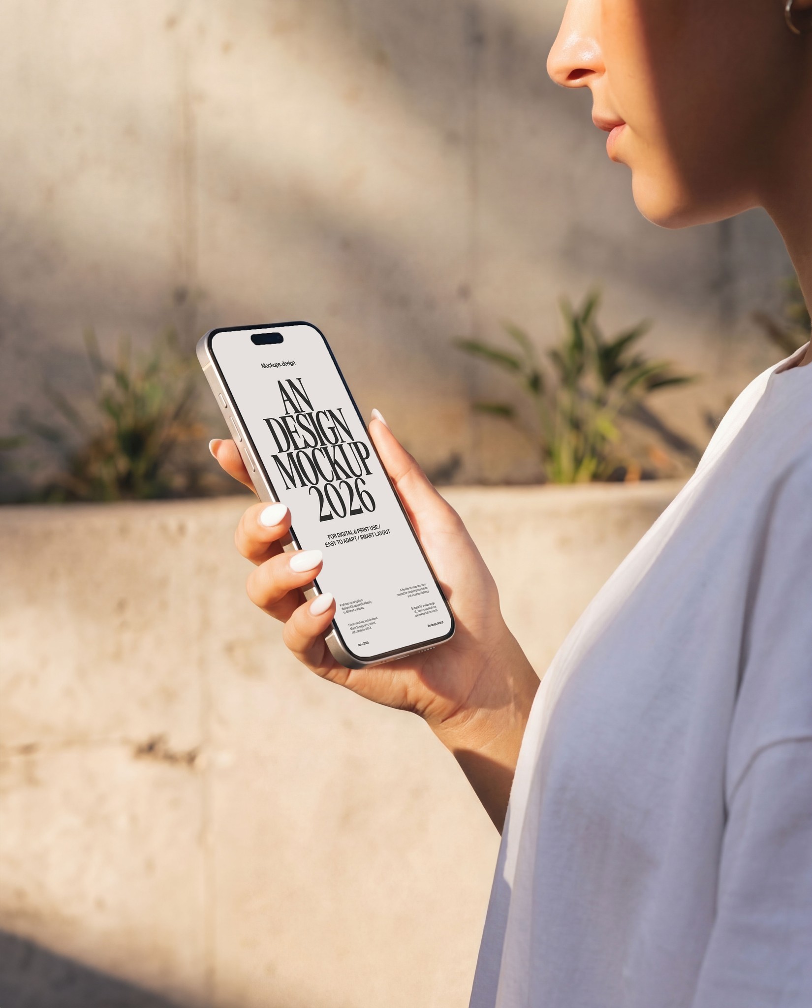 Woman holding iPhone 16 mockup, natural lifestyle pose