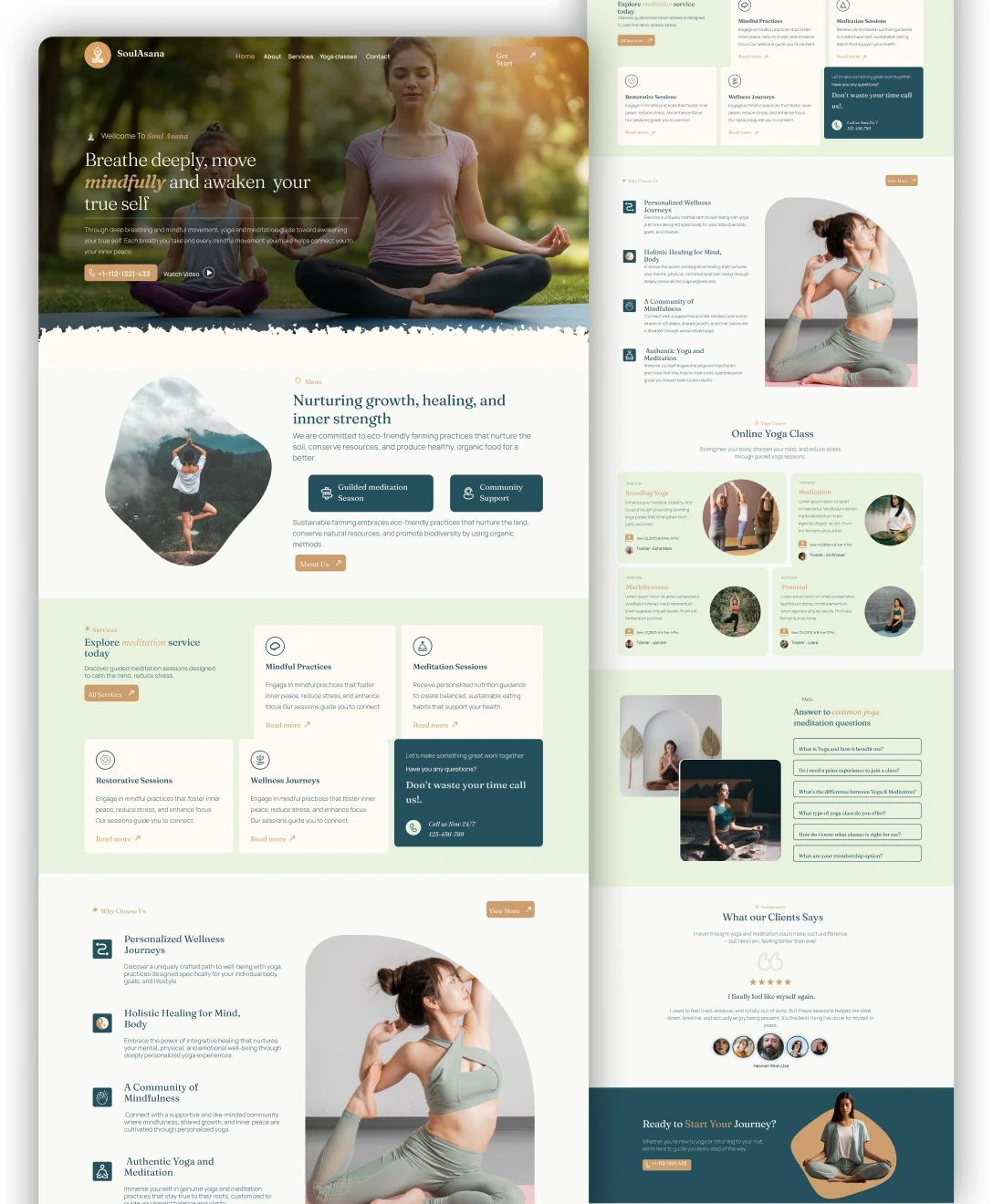 This image displays a yoga-themed website design, featuring serene earth tones and images of people practicing yoga poses, promoting mindfulness and wellness.