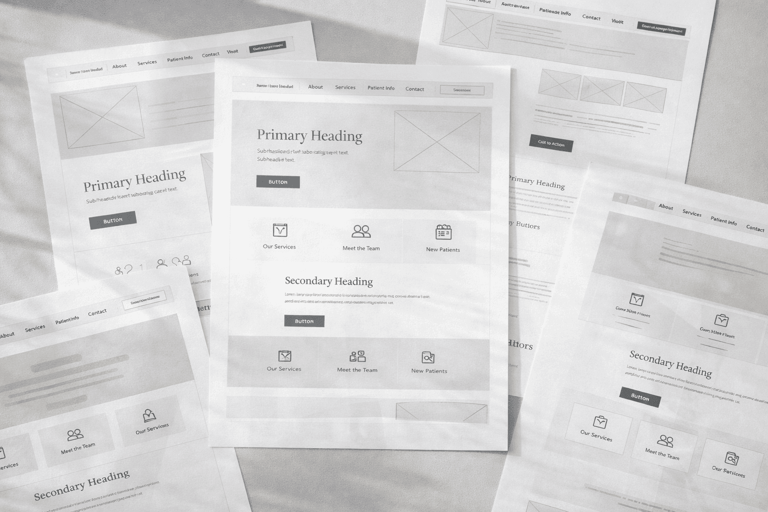 Website wireframe layouts for a medical practice landing page designed by Studio Odyssey