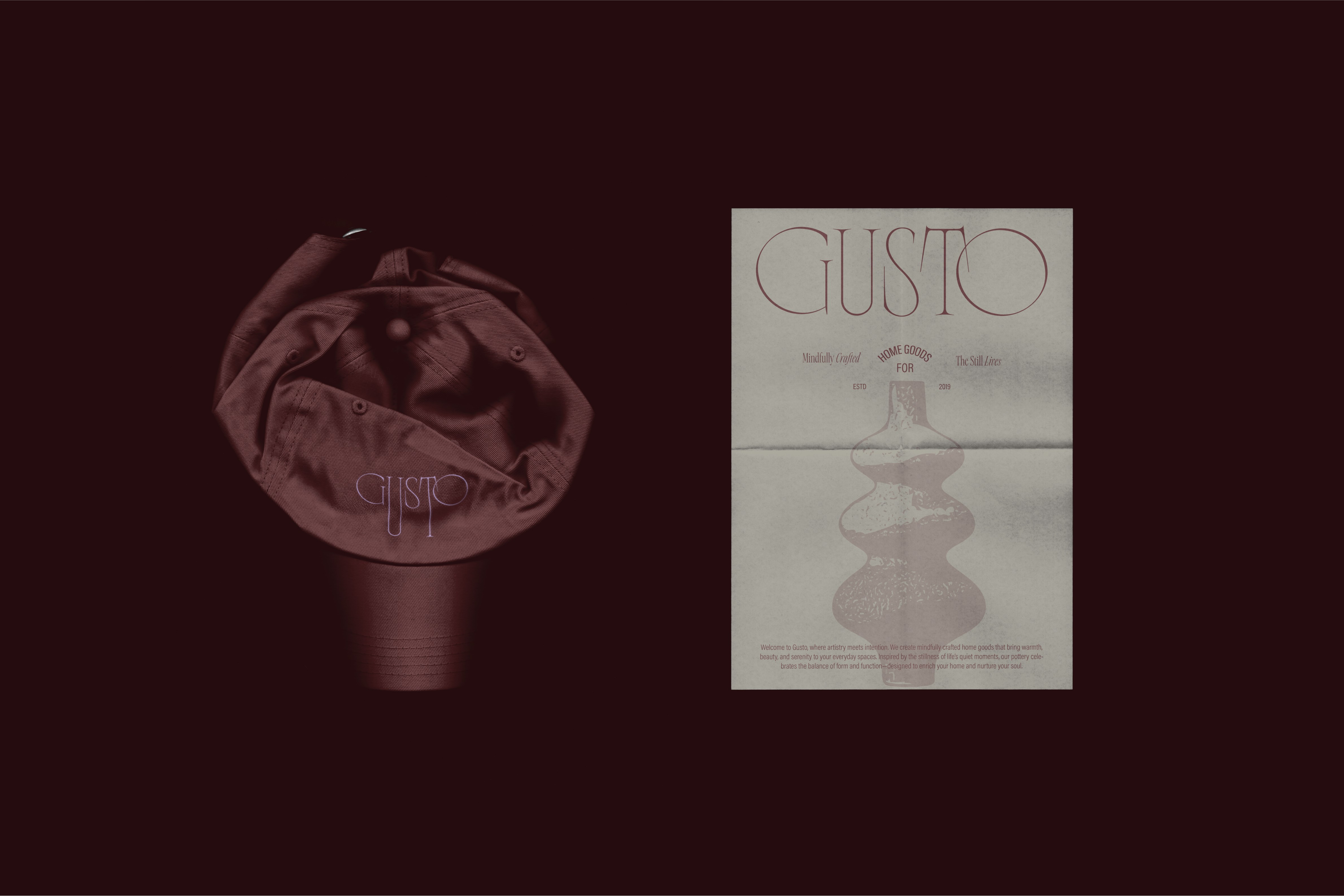 Gusto-branded cap and newspaper design, embodying the brand’s artisanal aesthetic and storytelling approach.