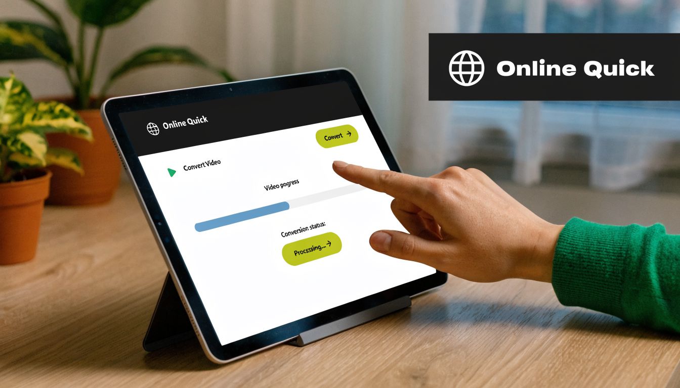 A person pointing their finger at a tablet screen displaying a video conversion website called Online Quick.