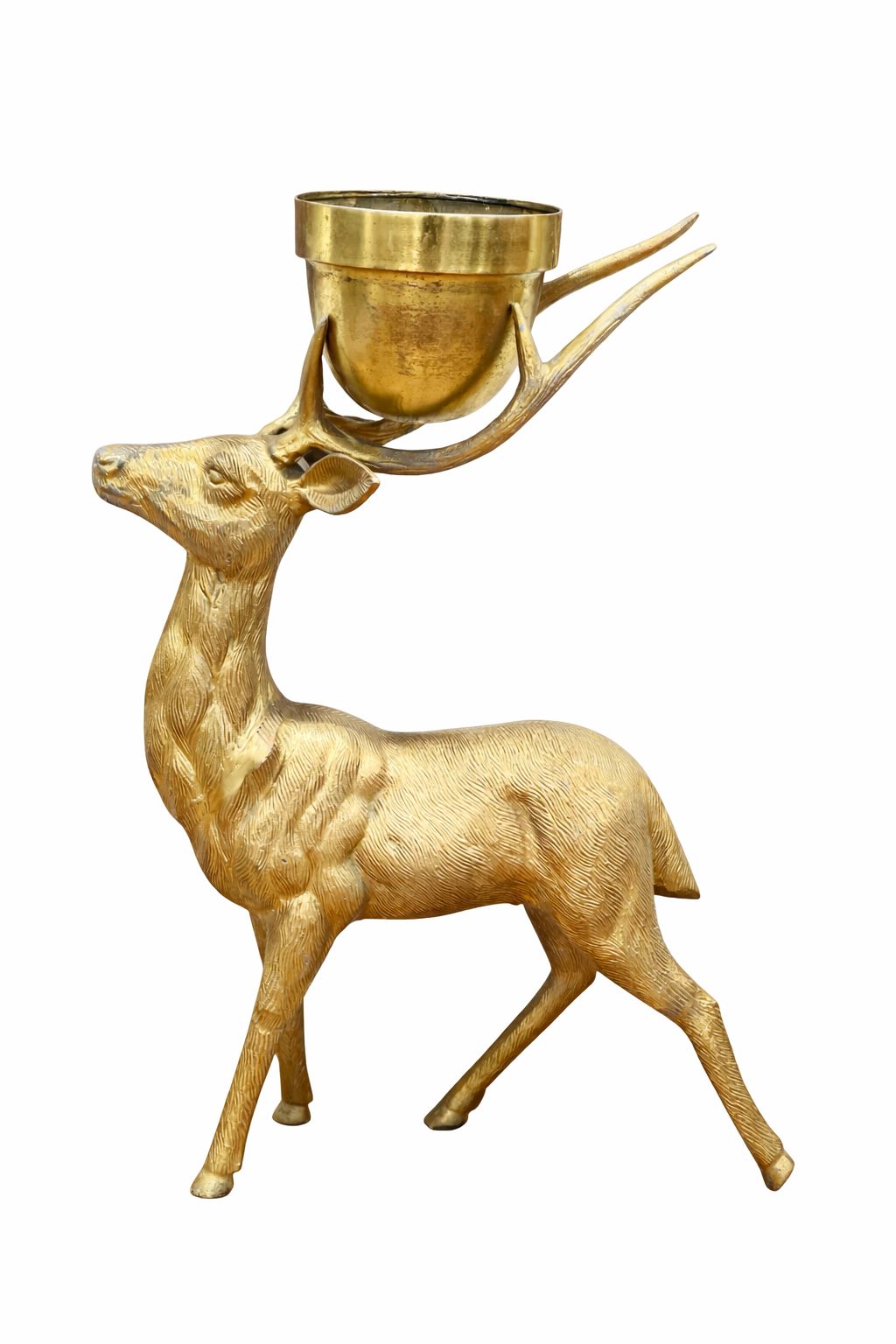 Metal deer figurine holding a big iron planter container with gold finish