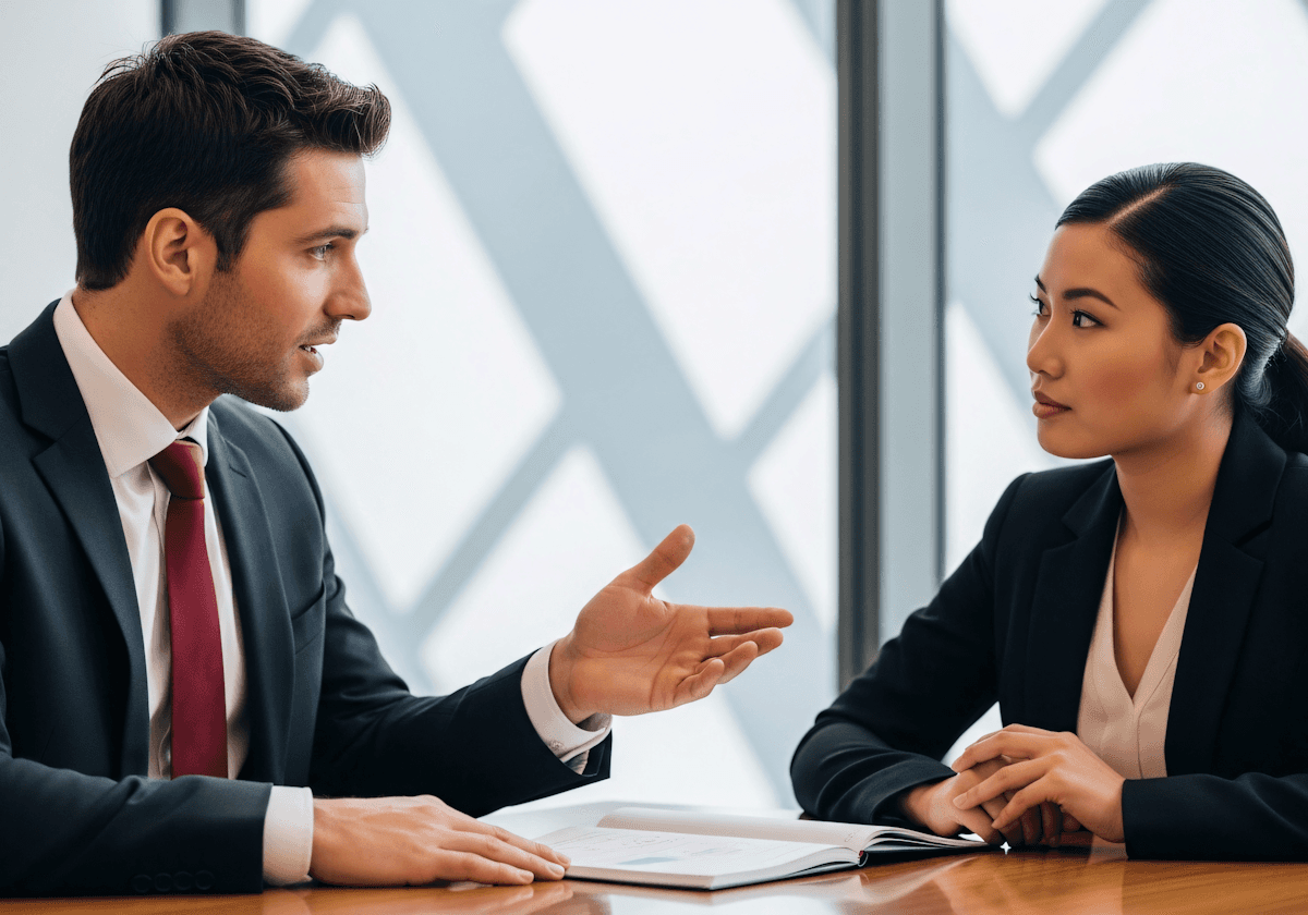 A man and a woman, both in business attire, are engaged in a serious discussion at a table with documents. The setting conveys a professional tone.