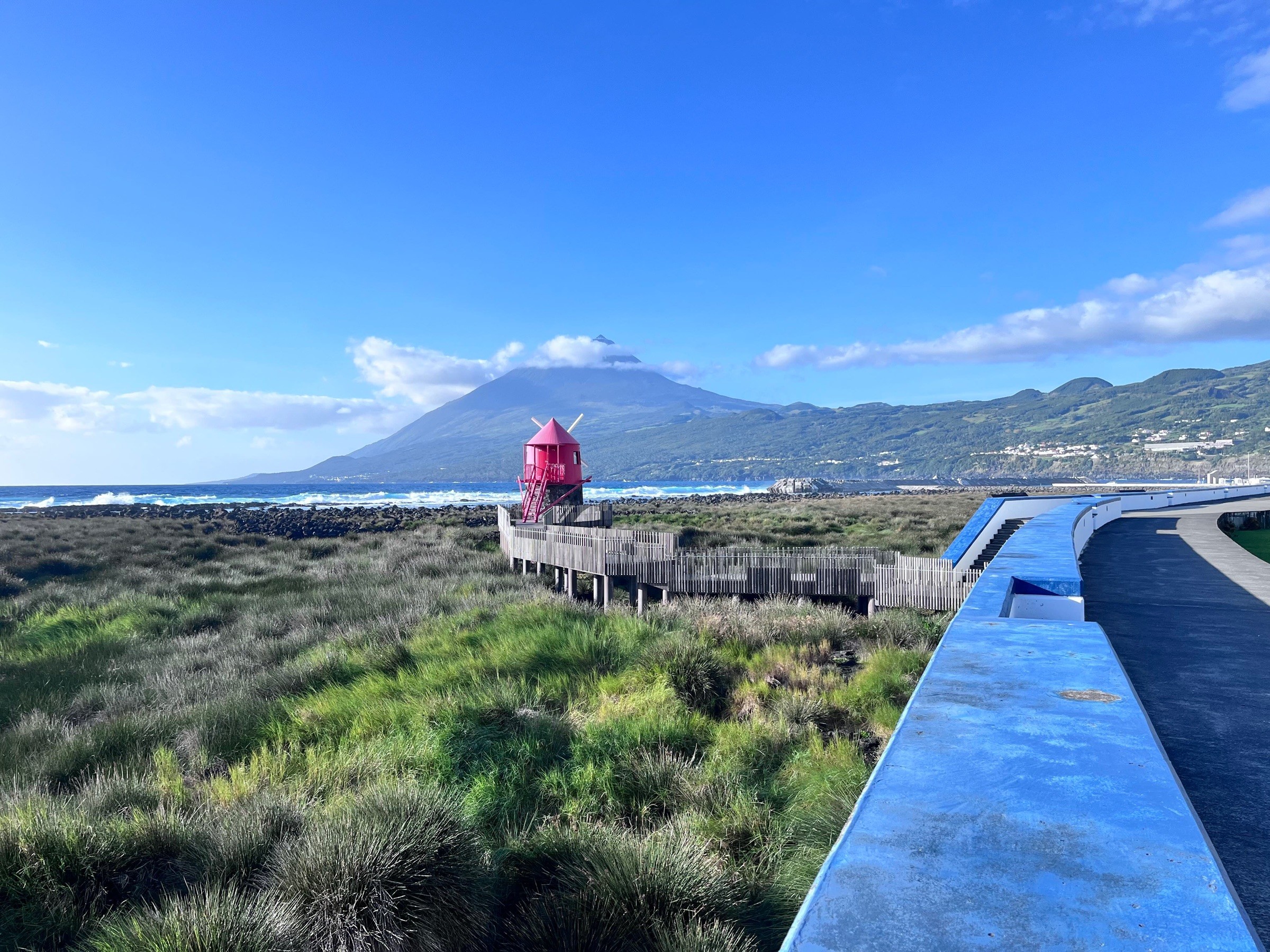 View of Pico Mountain with a windmill, seen from Lajes do Pico