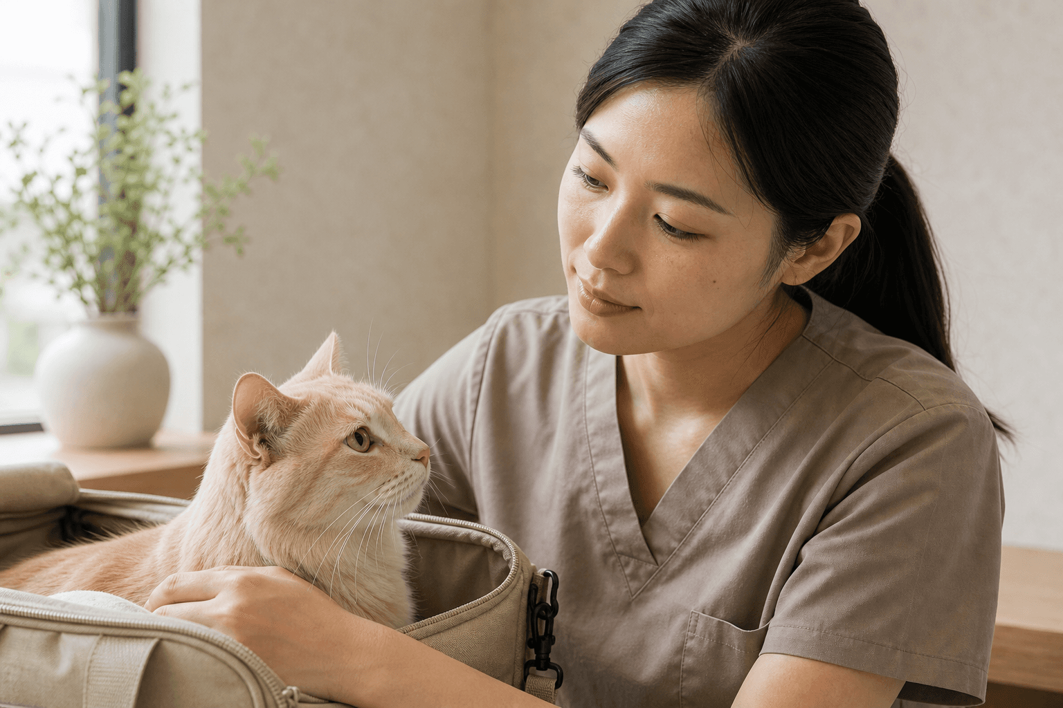 Veterinary nurse Nora Kim sharing a calm moment with a cat