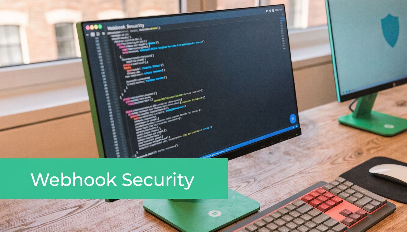 A computer screen displaying code titled Webhook Security with a mechanical keyboard on a wooden desk.