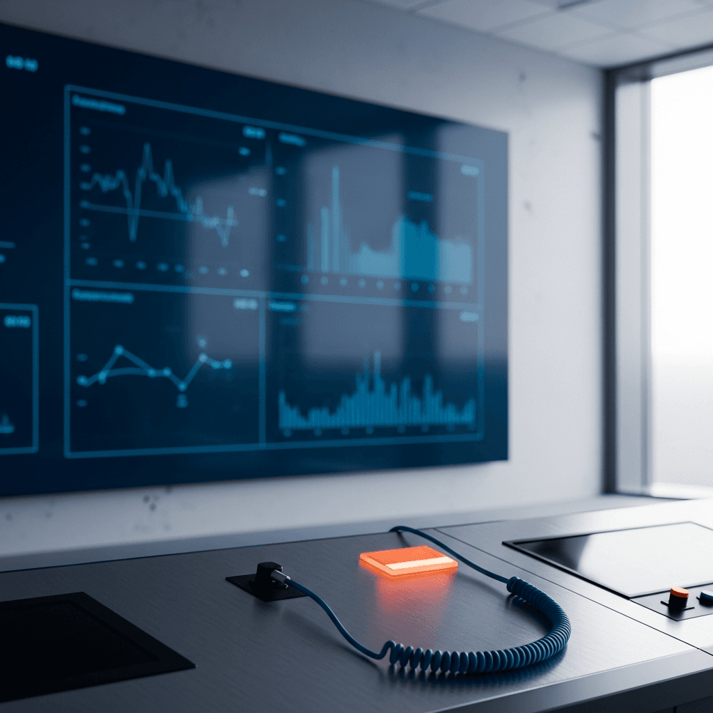 Editorial photograph of a modern, clean oil and gas control room with a large, minimalist data visualization screen in the background, out of focus. The foreground features a brushed metal console with a single, neatly coiled data cable. Natural light streams in from a large window on the right. The color palette is dominated by deep blues (#1F3B5B) and neutral off-whites (#F5F2EC), with a subtle accent of orange (#E76F51) on a status light. The upper-left third of the image is clear space, perfect for text overlays. Aspect ratio 16:9. No people, no text, no logos. Photorealistic.