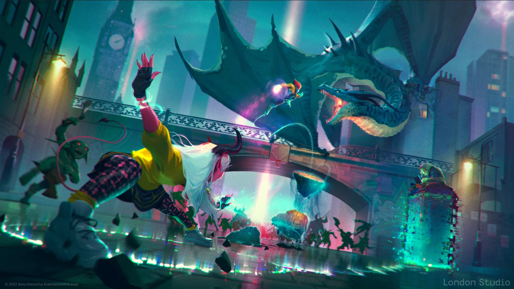 Cast Outs key art — a character flees a dragon on a London bridge