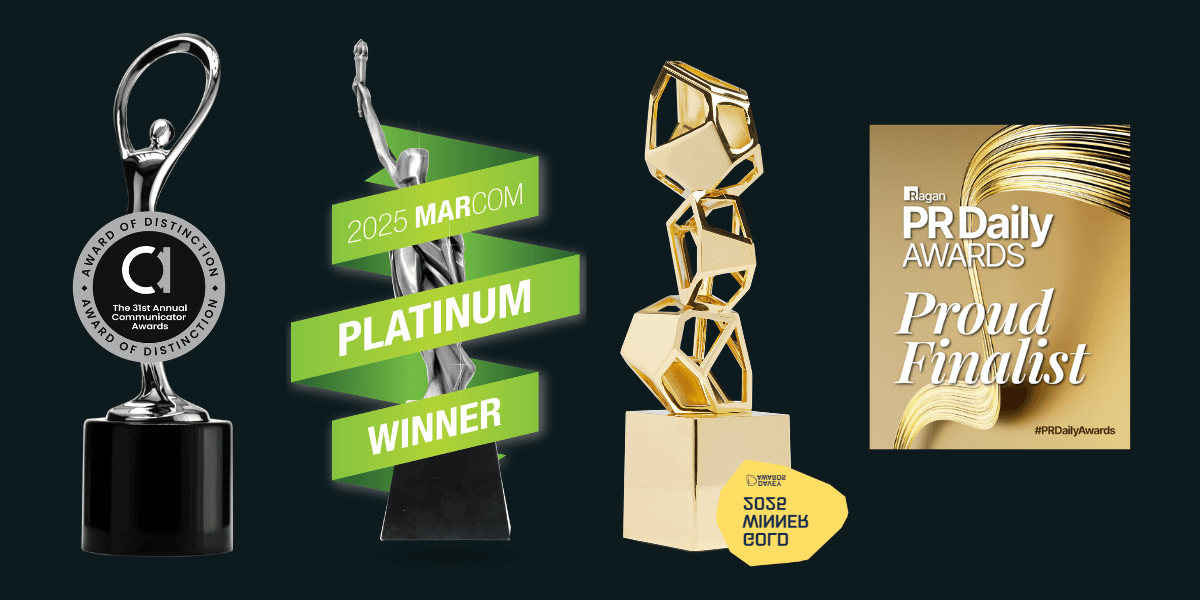 Four national marketing awards won by Random in 2025: Communicator Award of Distinction, MarCom Platinum Award, Davey Gold Award, and PR Daily Awards finalist recognition