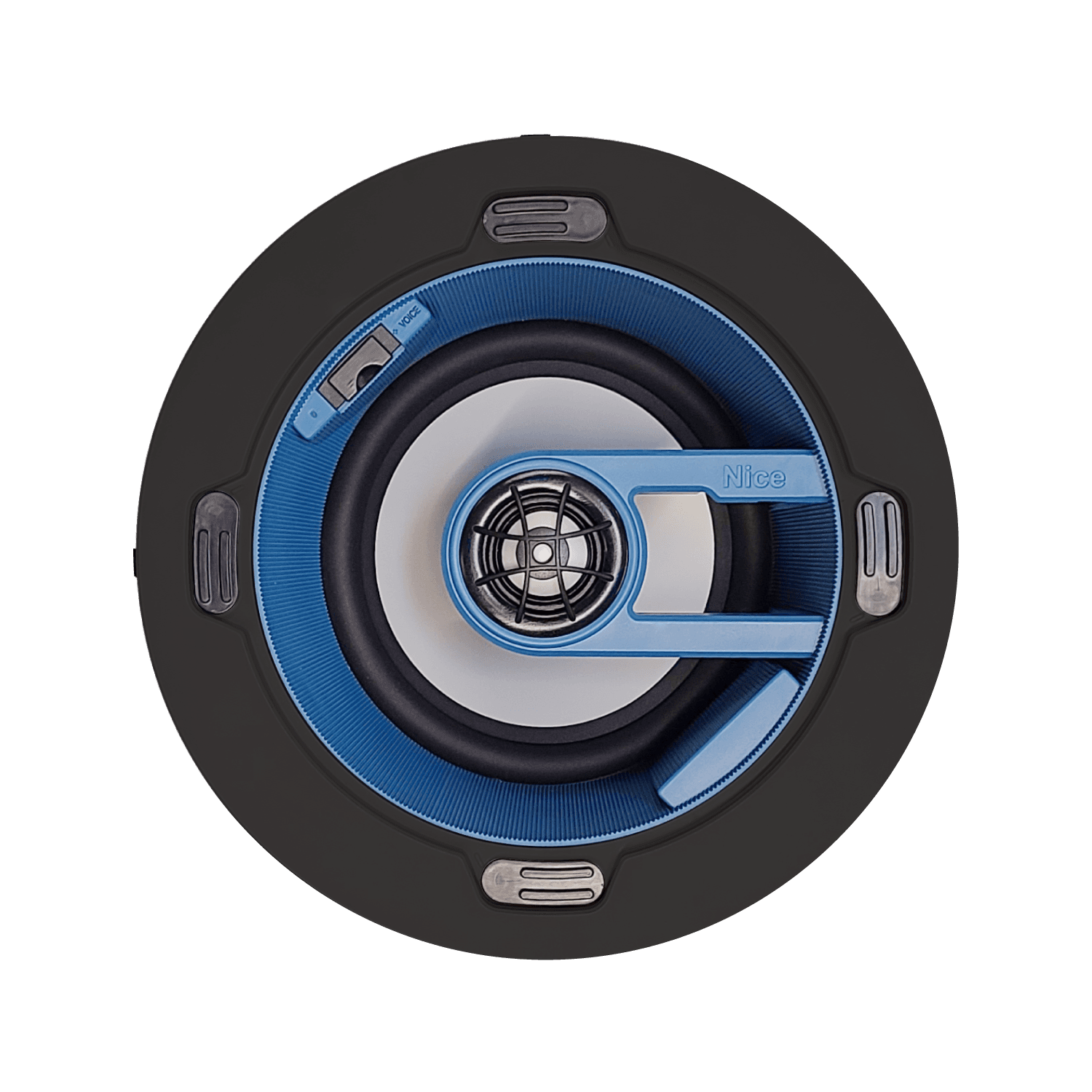 Round speaker with blue trim and black surround.