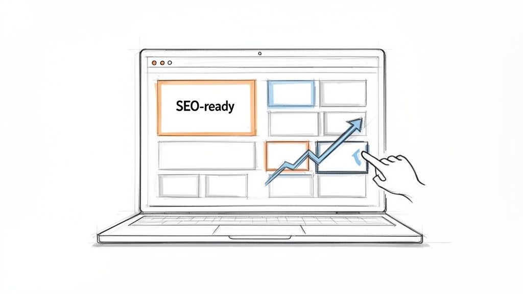Laptop displaying 'SEO-ready' page with a rising graph, indicating website optimization and growth.