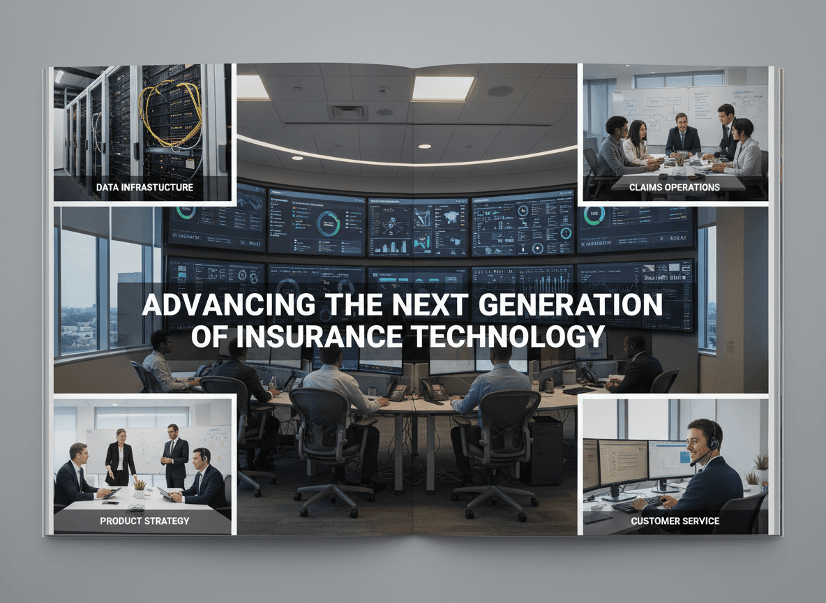 “Insurance technology leaders reviewing real-time policy and claim analytics in a modern operations workspace advancing next-generation insurance platforms.”