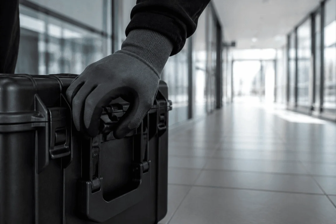 Nahaufnahme einer Hand in einem dunkelgrauen Arbeitshandschuh, die den Griff eines robusten, schwarzen Kunststoff-Transportkoffers in einem hellen, verschwommenen Flur greift.