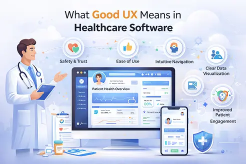 Good UX in healthcare software showing doctor dashboard, patient data visualization, and user-friendly medical interface design.