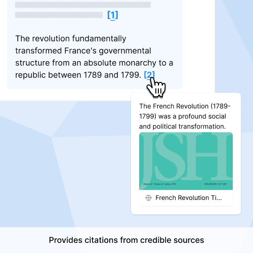 An image of Flint's in-line citation feature. Students can hover over in-line citations, see credible sources, and click to read the original source.