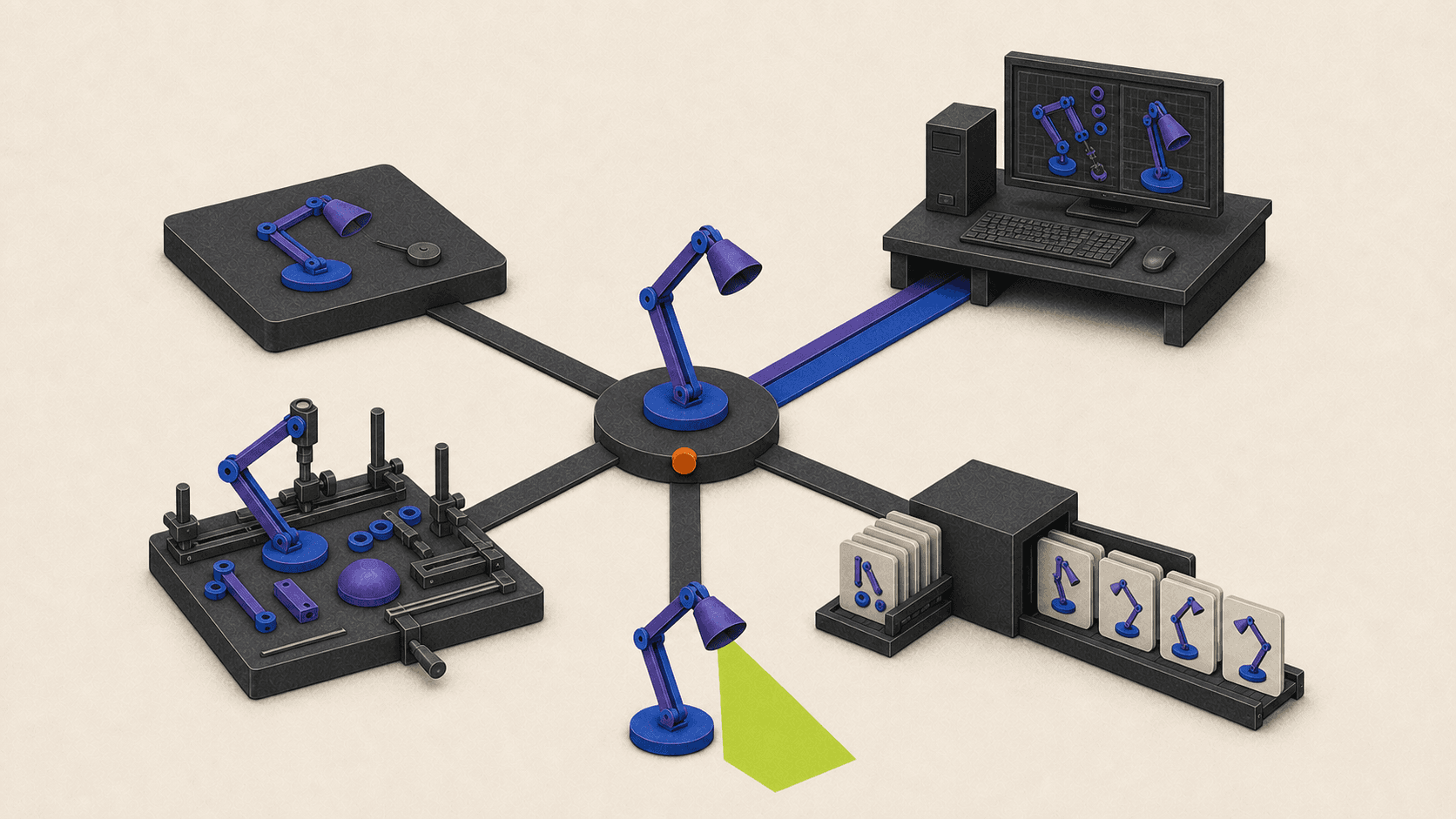 Articulated desk lamp project routed between local work, a remote GPU workstation, interactive 3D assembly, and batch rendering.