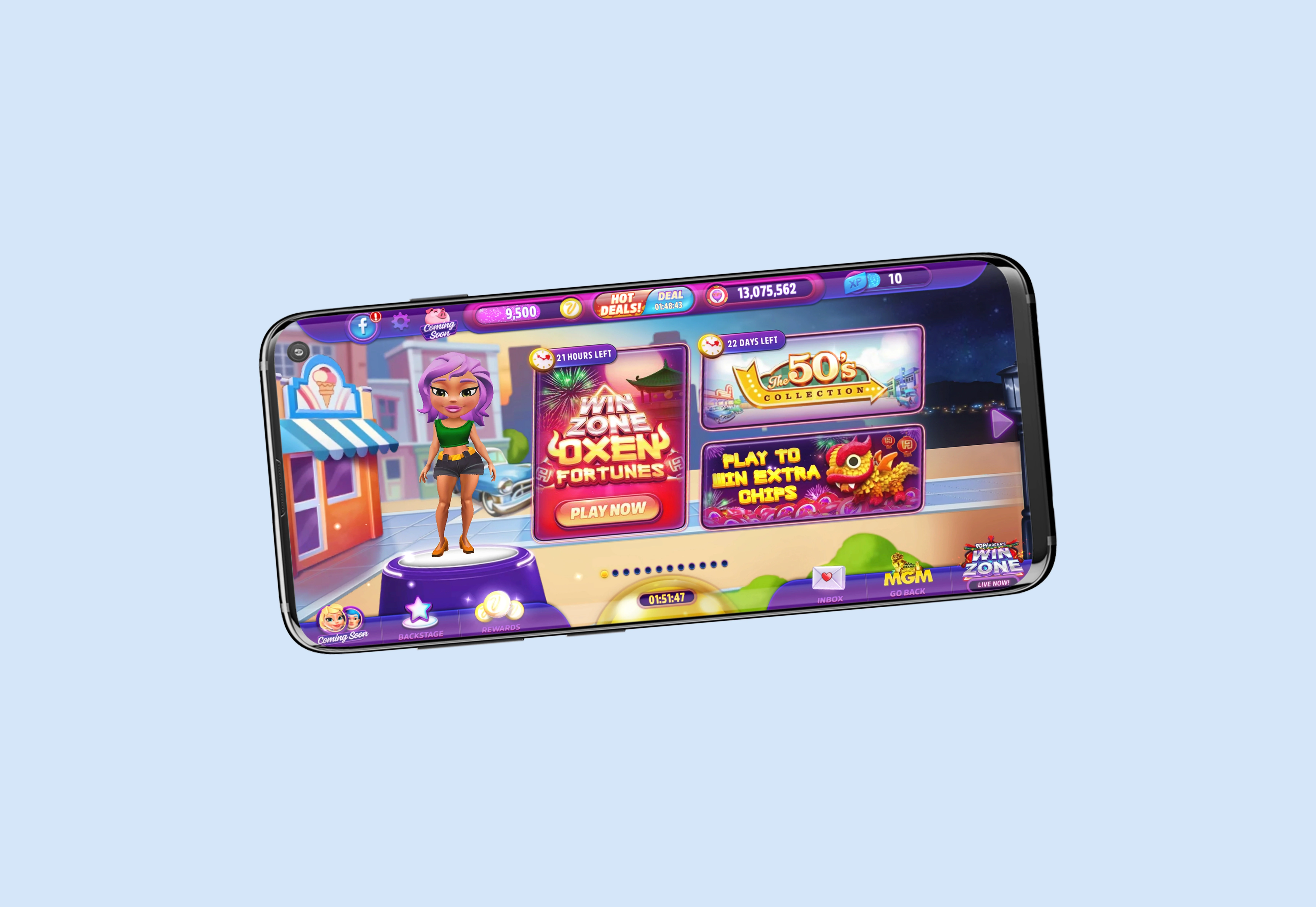 Original Pop! Slots First Time User Experience (FTUE) showing a cluttered screen with overwhelming pop-ups, highlighting the user friction before the onboarding redesign by Nudgix.