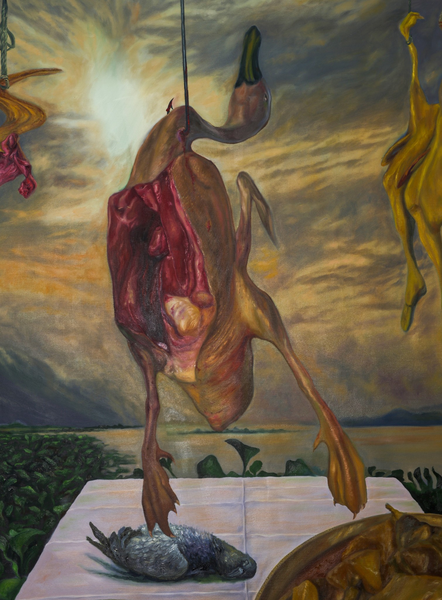 A painting of a kitchen sink and a mirror