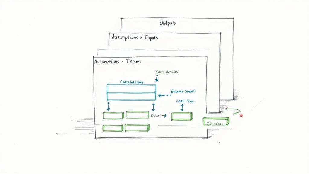 A hand-drawn layered diagram illustrating a financial modeling framework with inputs, calculations, and outputs.