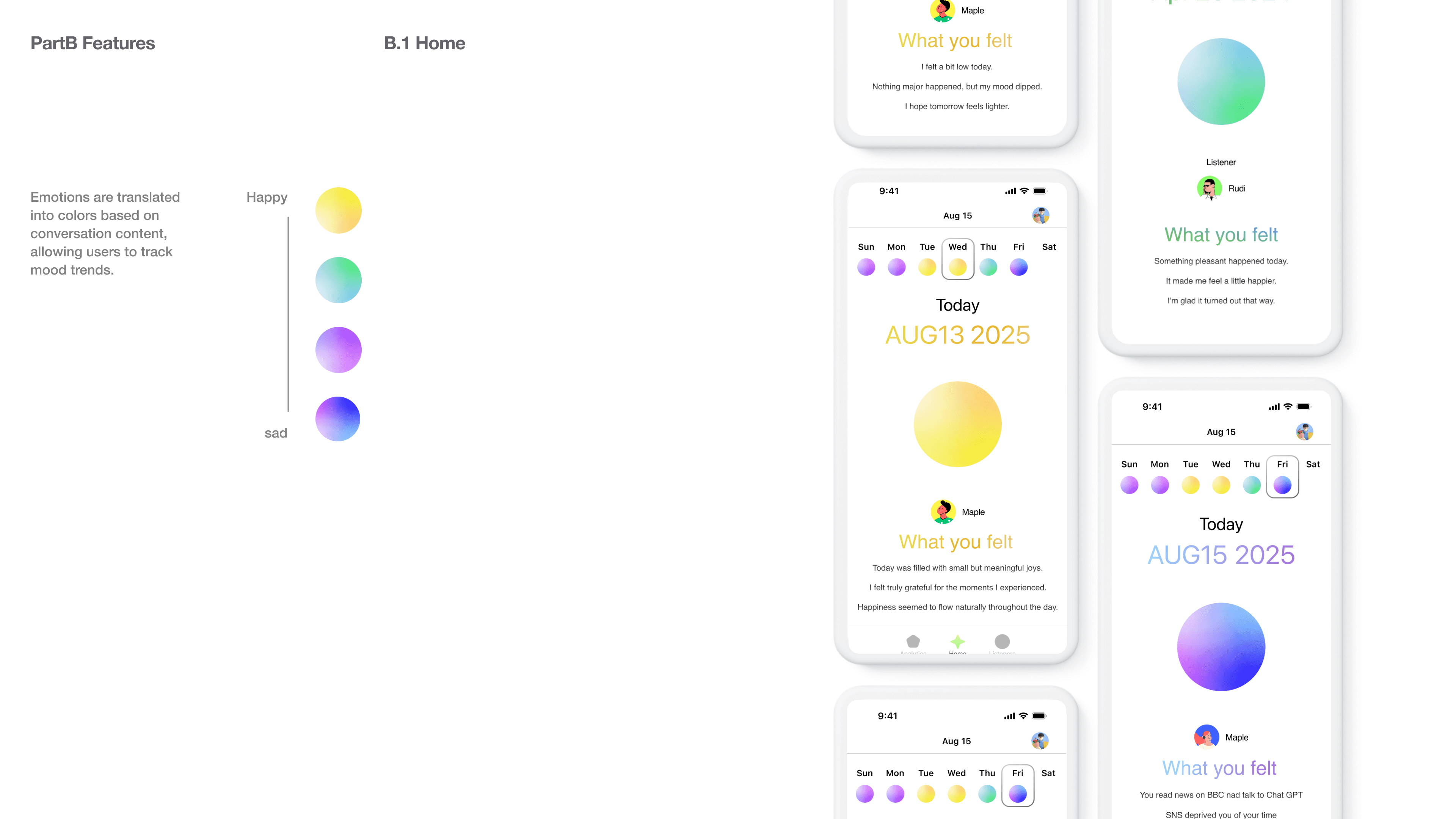 Emotions are translated into colors based on conversation content, allowing users to track mood trends.