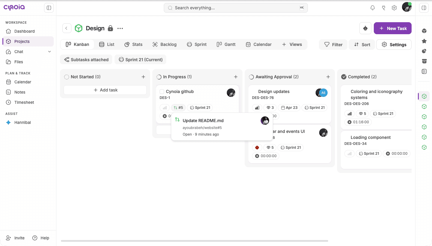 Pull request preview on a task card