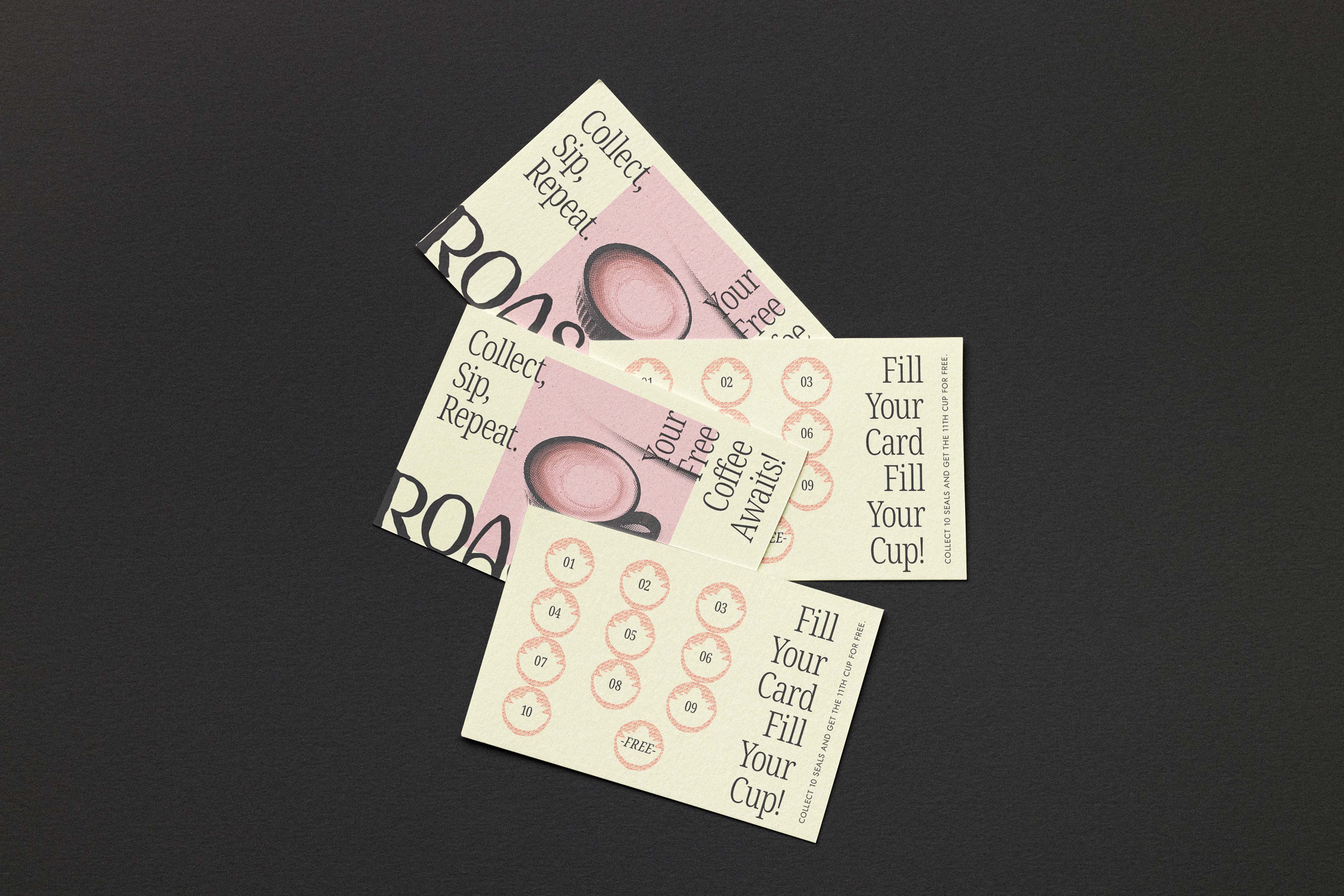 Scattered loyalty punch cards featuring coffee cup stamp icons and playful typography on a dark background - Roastiqua, a specialty coffee brand identity.