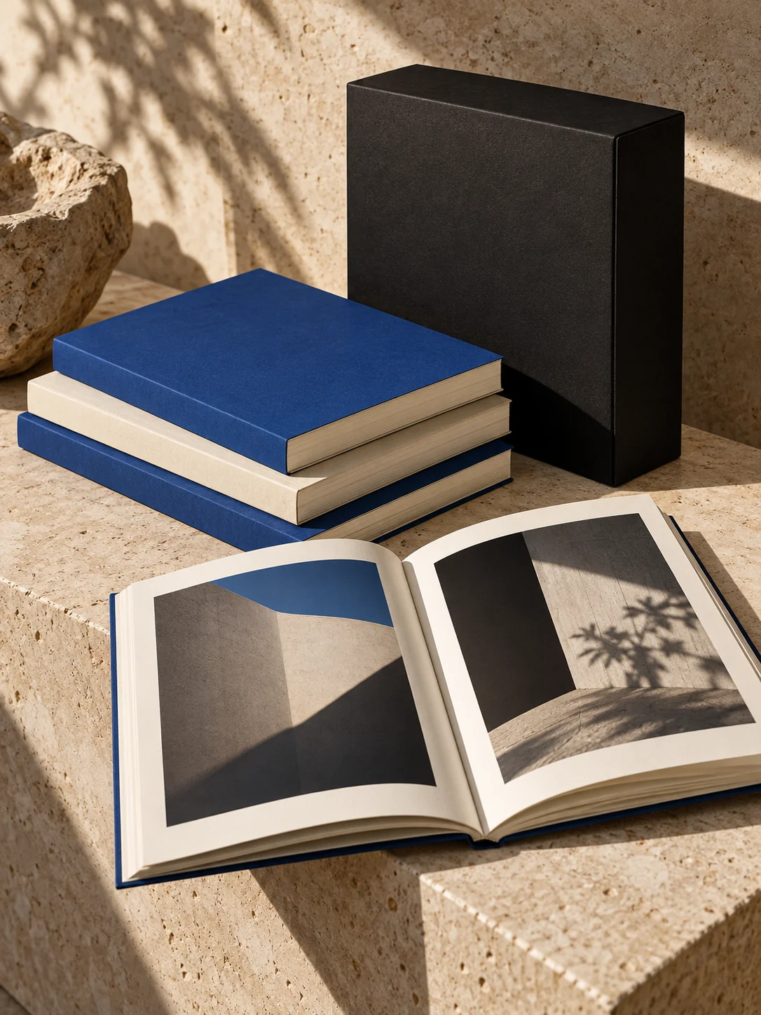Blue and ivory notebooks on a studio table, created with AI