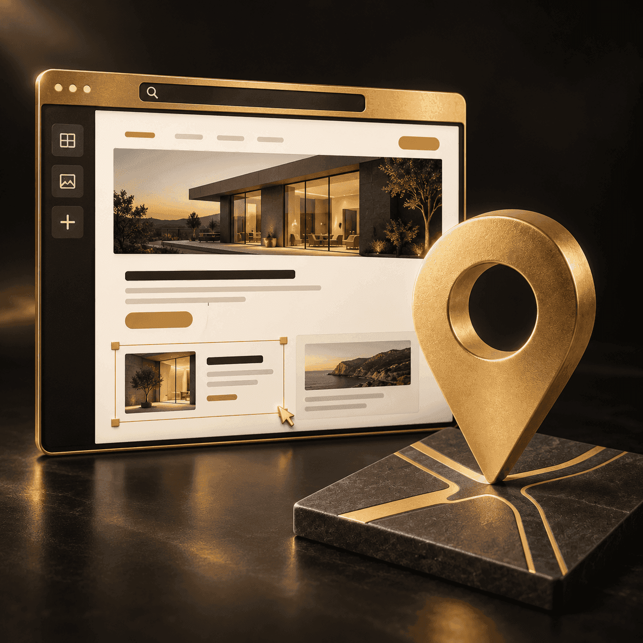 Editor de página web y marcador de ubicación dorado