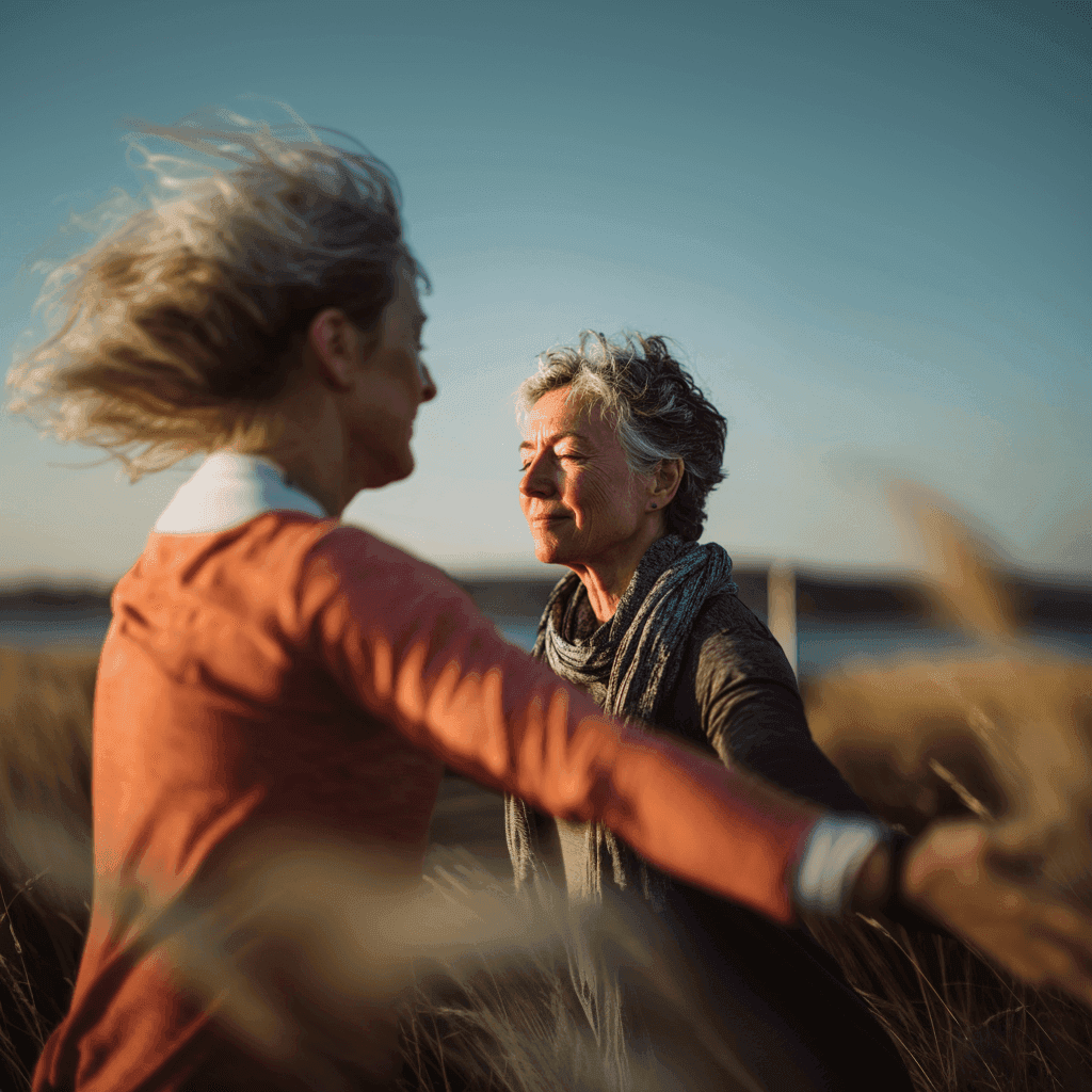 Zwei Frauen wandern genüßlich durch ein Korngfeld während des Sonnenuntergangs