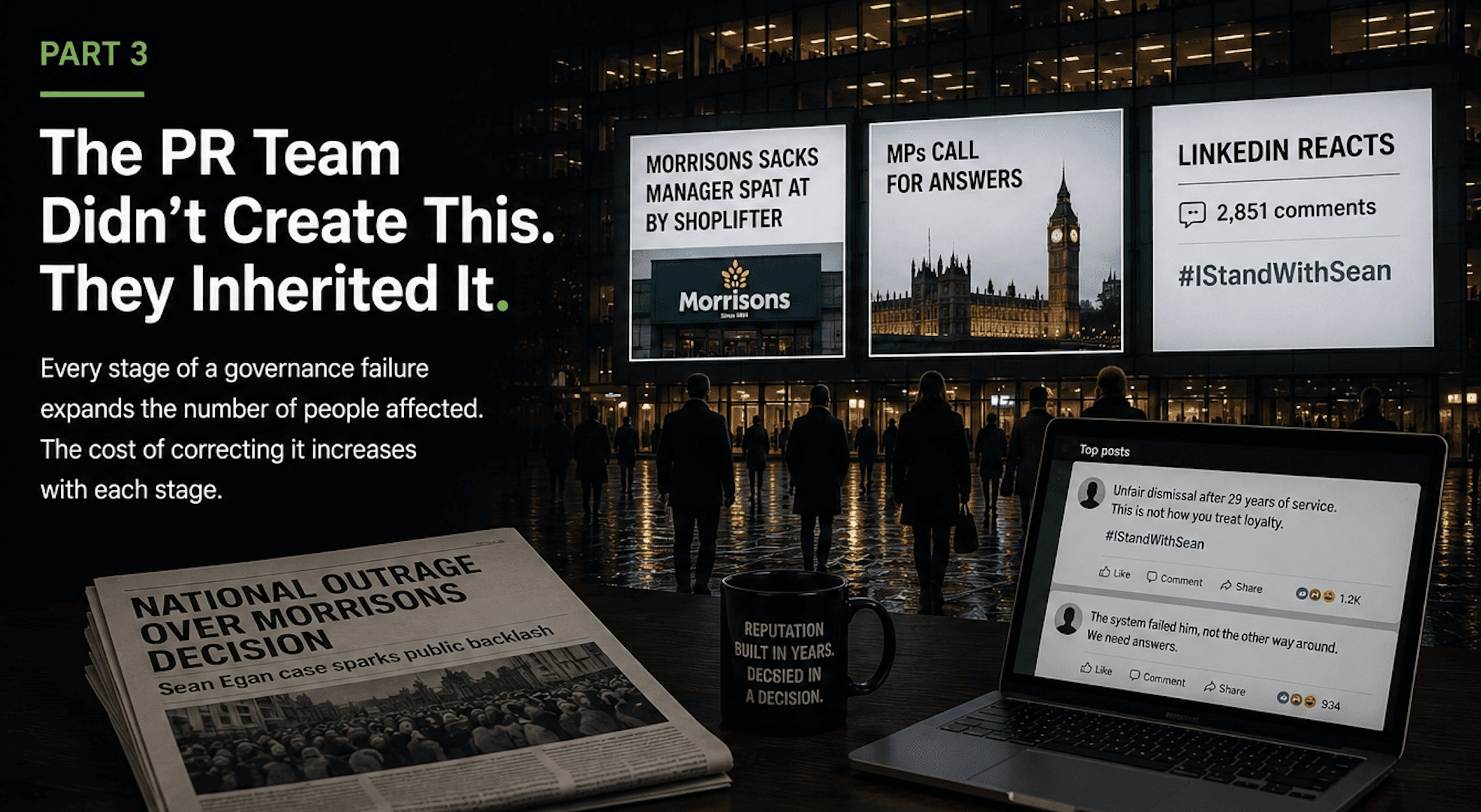 Public backlash over a controversial workplace decision, with news headlines, social media reactions and reputation concerns.