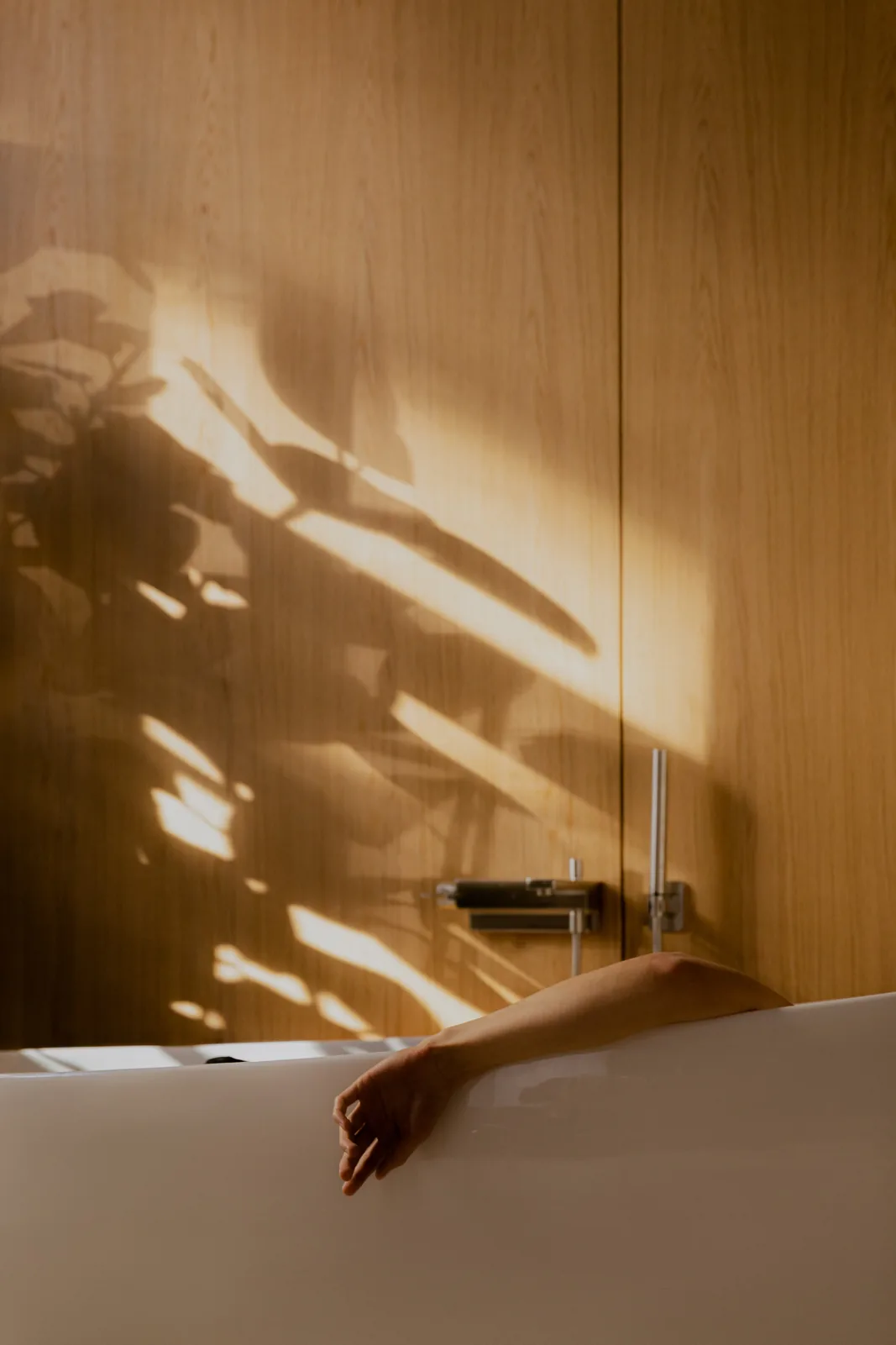 Sunlight and leaf shadows falling across a bath and wooden wall