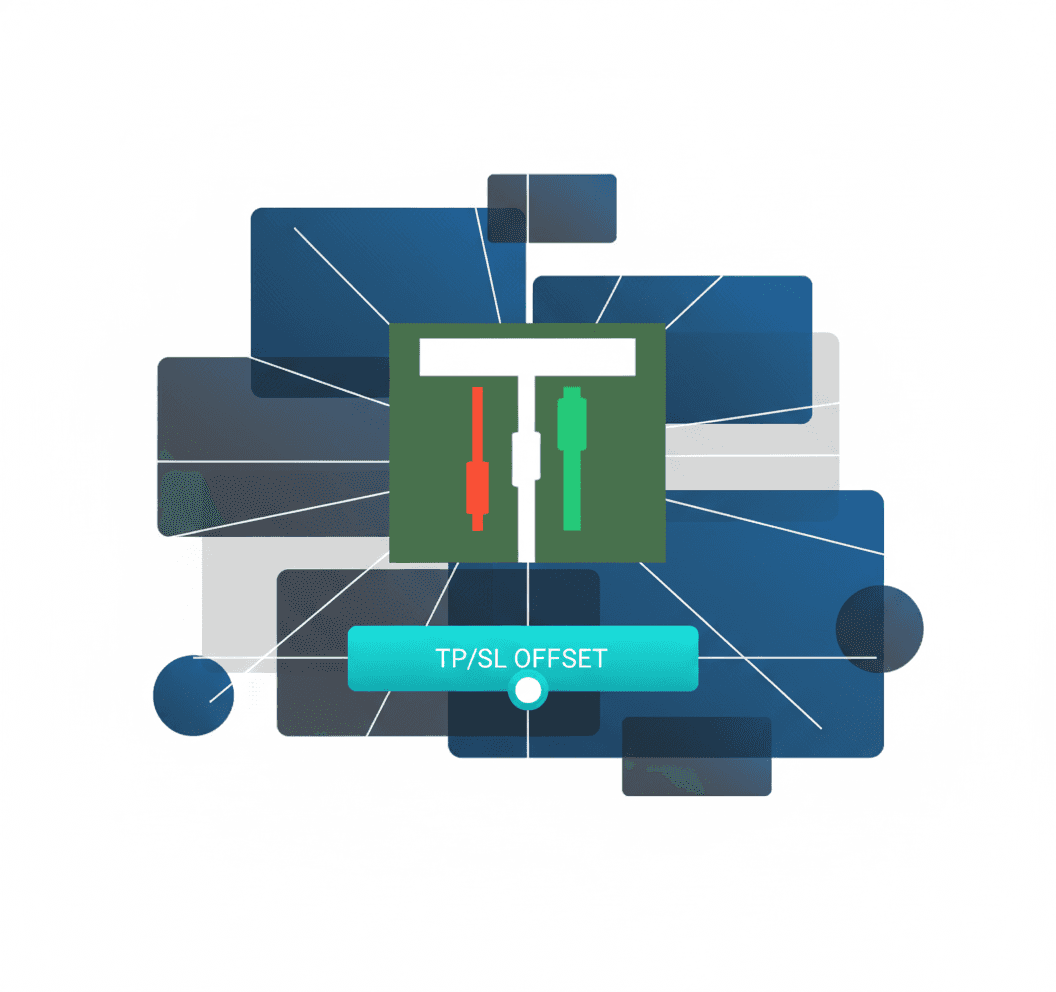Stylized sliders representing customizable take profit and stop loss offset controls between different broker accounts