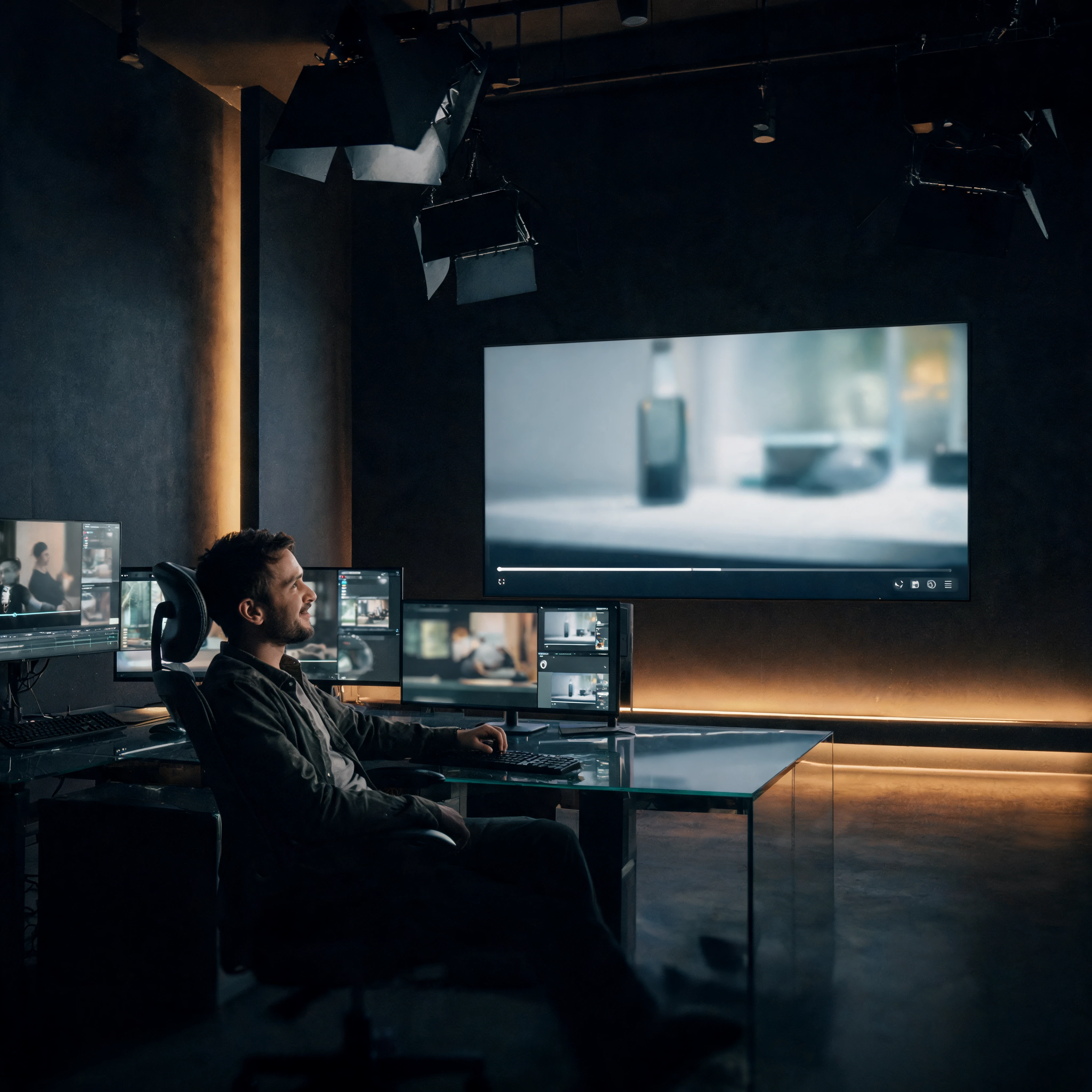 a man standing in a modern room and holding a tablet and interacting with a large, transparent holographic screen displaying a website