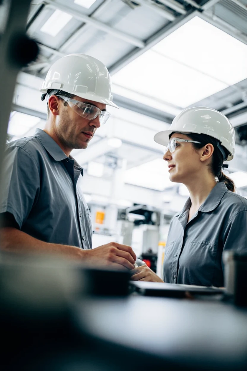 Manufacturing workers talking