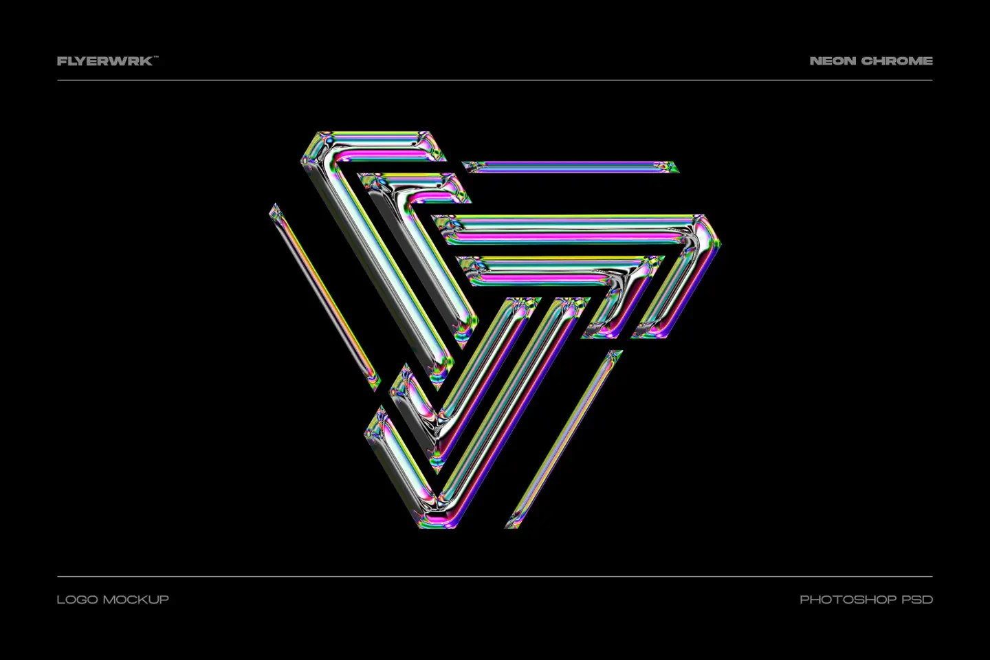 Neon chrome text effect logo mockup with reflective chrome lines on black background