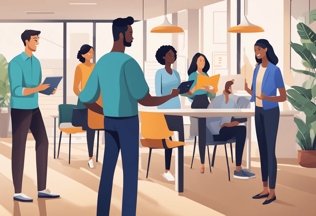 Employees sharing job opportunities with friends. Referral program materials, including flyers and digital resources, displayed in a prominent area. Office setting with diverse employees in the background