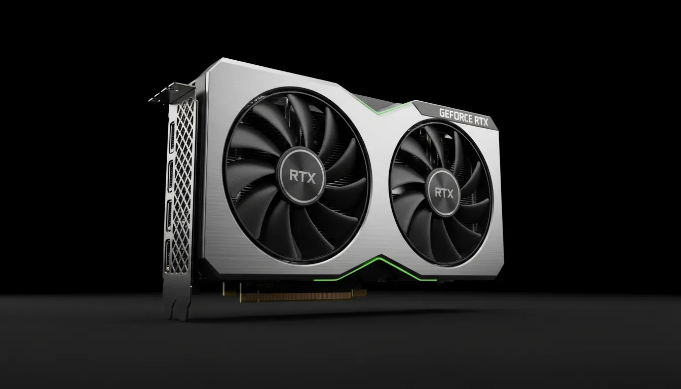 DSLR product photography of a modern NVIDIA GeForce RTX GPU, low-angle shot, centered against a pure black studio background. Soft studio lighting creates clean, elegant highlights on the sleek silver brushed-metal shroud and the matte black cooling fans. The entire graphics card is in sharp focus, showcasing the textures of the metal and the intricate fin-stack visible between the two fans.