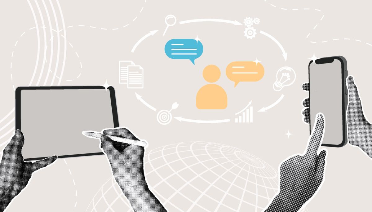 Illustration of hands using a tablet and smartphone with icons for communication, gears, documents, and charts, symbolizing product development strategy and collaboration.