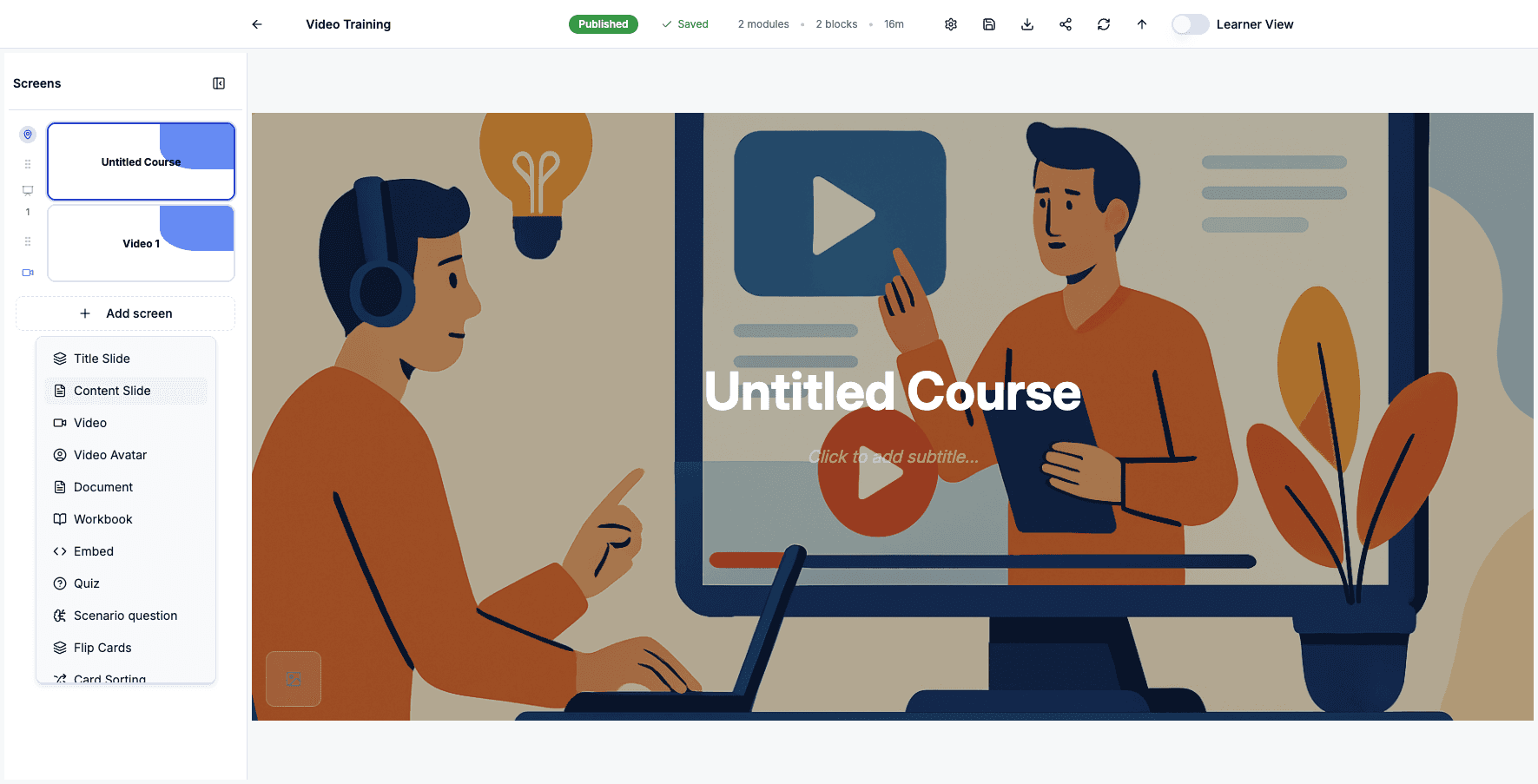 Select Content Slide to add a text and image-based lesson screen to your course.