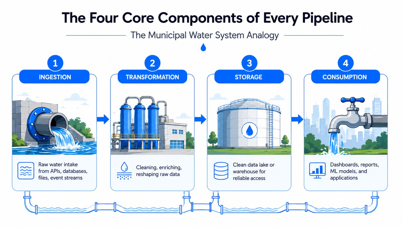 A diagram illustrating the four core components of a data pipeline using a municipal water system analogy.
