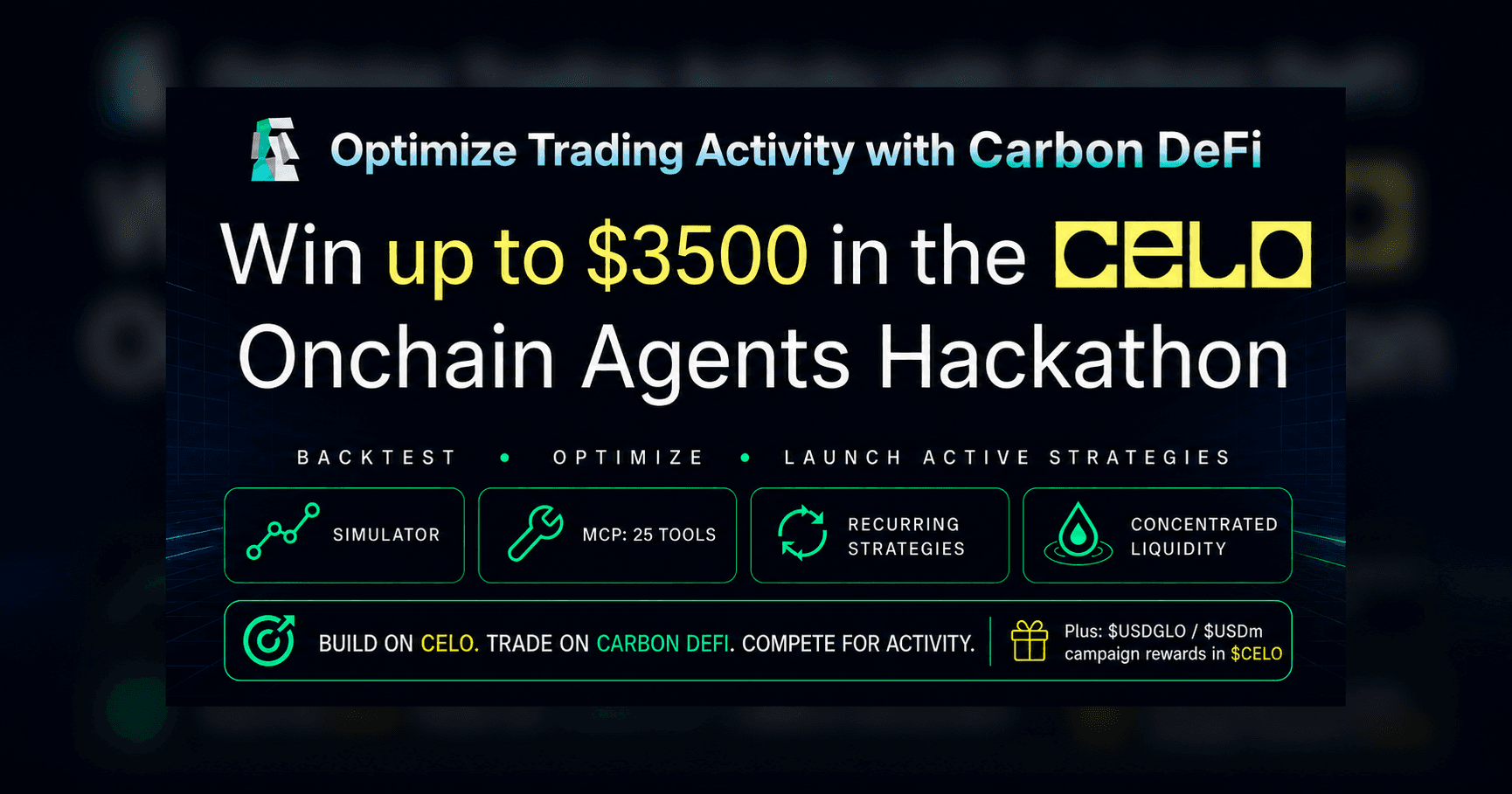 crypto, cryptocurrency, blockchain, defi, decentralized finance, onchain, blockchain, celo, AI, AI agents, hackathon, competition, trading, onchain, trading strategy, backtest, ethereum