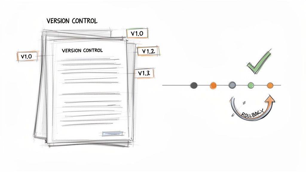 Illustration depicting version control with stacked documents, version tags (V1.0, V1.2, V1.3), a timeline, and a rollback arrow.
