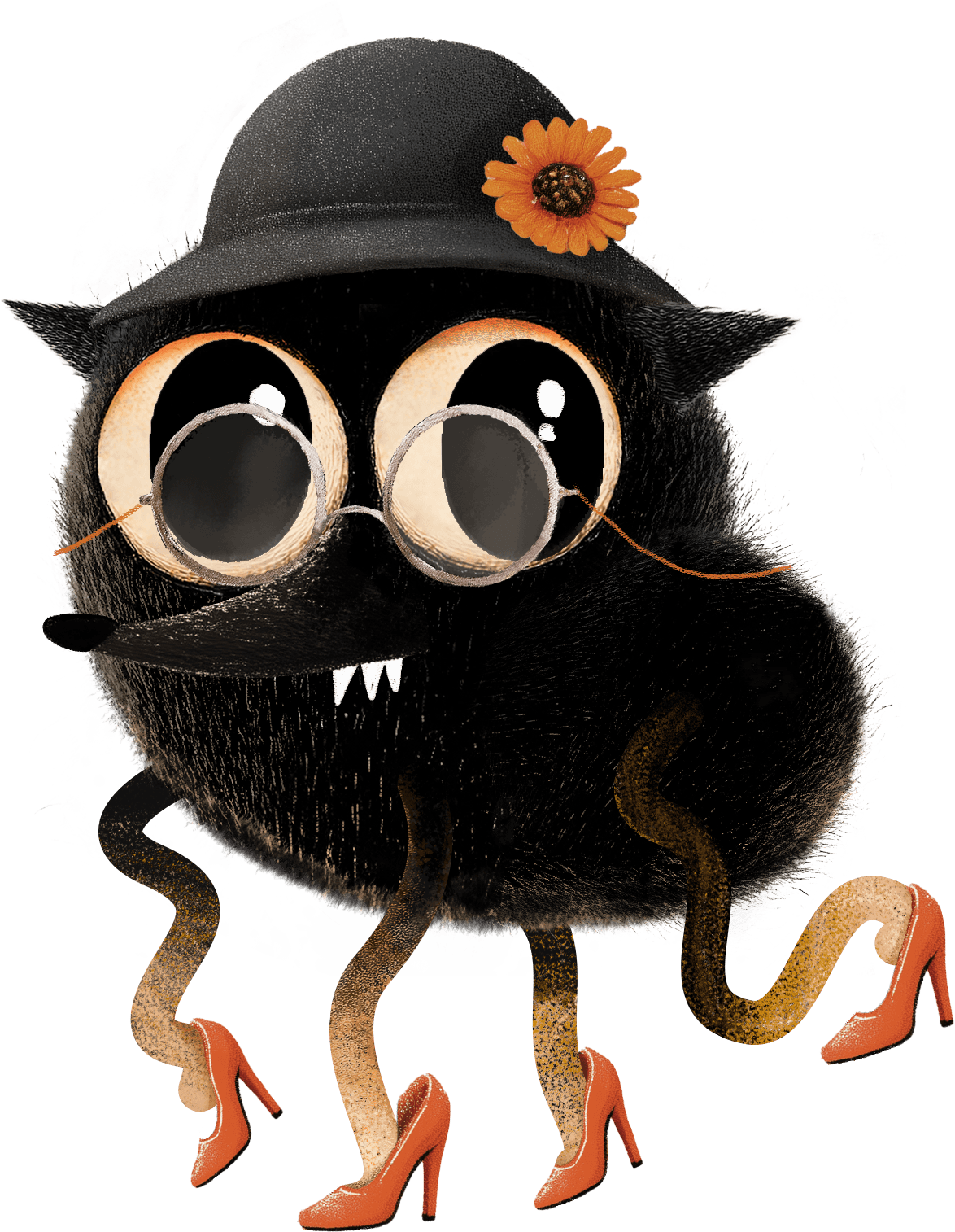 a black fluffy creature with a hat with flower on it, high heel shoes and reading glasses