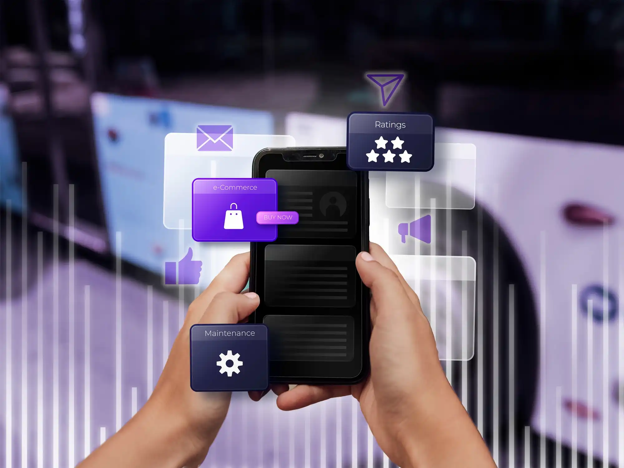 Conceptual image showing a phone with overlaid icons for e-commerce, ratings, and customer service tools.