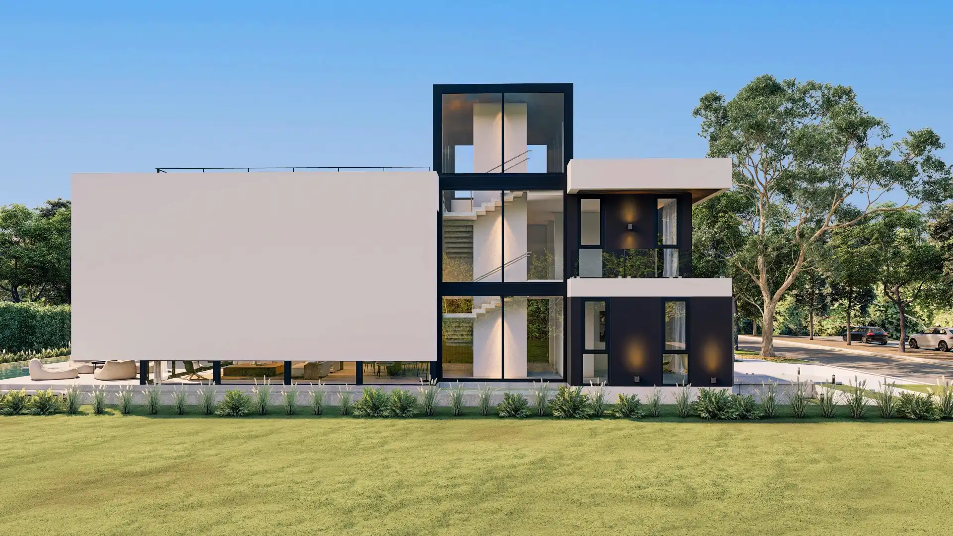 Three-story modern residence with black and white facade and rooftop observatory, SW 24th Road Miami